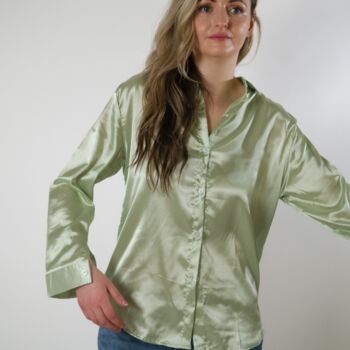 Green Silk Satin Plain Long Sleeve Loose Shirt, 4 of 6
