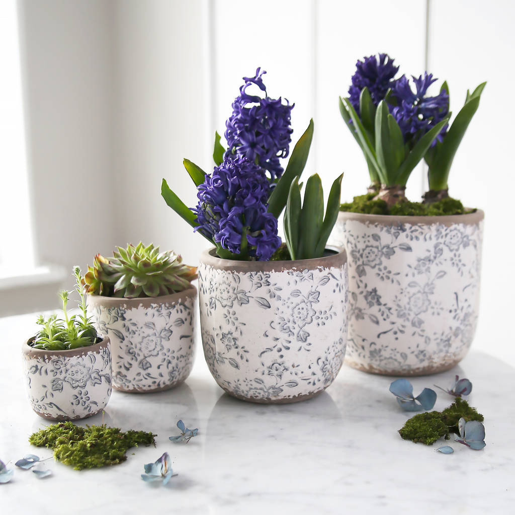 blue and white round floral pot by red lilly | notonthehighstreet.com