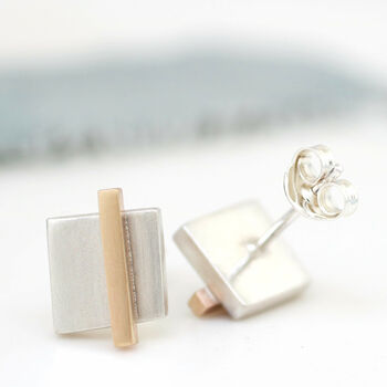 Geometric Earrings. Square Silver And 9ct Gold Studs, 6 of 11