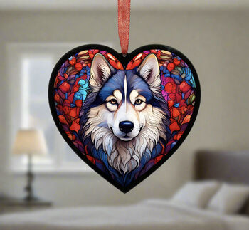 Alaskan Malamute Stained Glass Effect Heart Suncatcher, 4 of 6