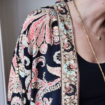 Black, Rose And Gold Floral Baroque Viscose Long Summer Jacket, 4 of 5