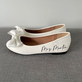 Personalised Bridal Prom White Bow Pump Slip On Flats, 6 of 7