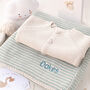 Baby Cosy Cardigan And Aqua Mini Stripe Blanket Set, thumbnail 1 of 10