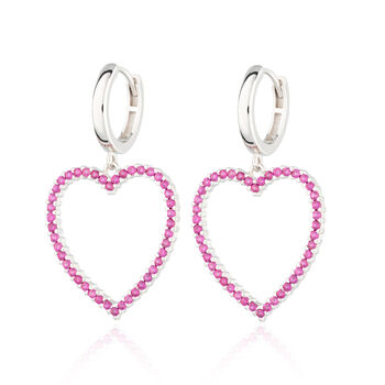 Sterling Silver Pink Open Heart Drop Hoop Earrings, 5 of 7