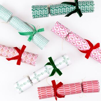 Set Of Six Patterned Velvet Ribbon Christmas Crackers, 2 of 7