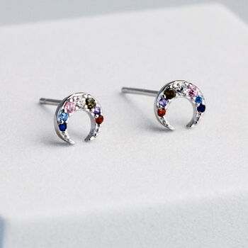 Sterling Silver Colourful Crystal Crescent Moon Stud Earrings, 3 of 6