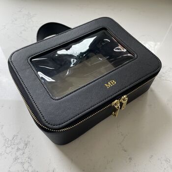 Personalised Embossed Black Saffiano Leather Clear Makeup Case, 7 of 7