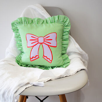 Frilled Striped Cotton Bow Cushion, 4 of 10