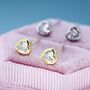 Tiny Cz Heart Stud Earrings In Sterling Silver, thumbnail 5 of 10