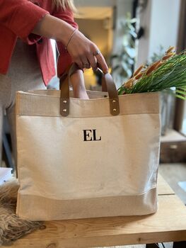 Personalised Natural Jute Shopper With Leather Handles, 9 of 10