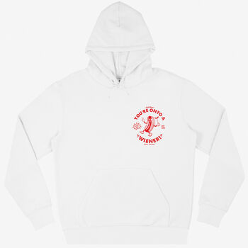 Onto A Wiener Unisex Hoodie With Hot Dog Logo In White, 5 of 6