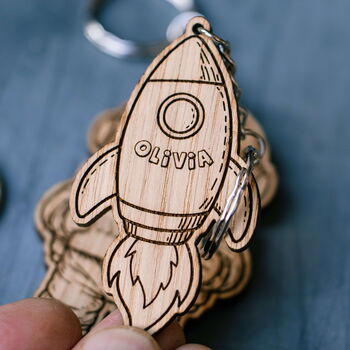 Personalised Space Themed Wooden Keyring | Astronaut, Rocket, Moon And Ufo Name Charm, 7 of 9