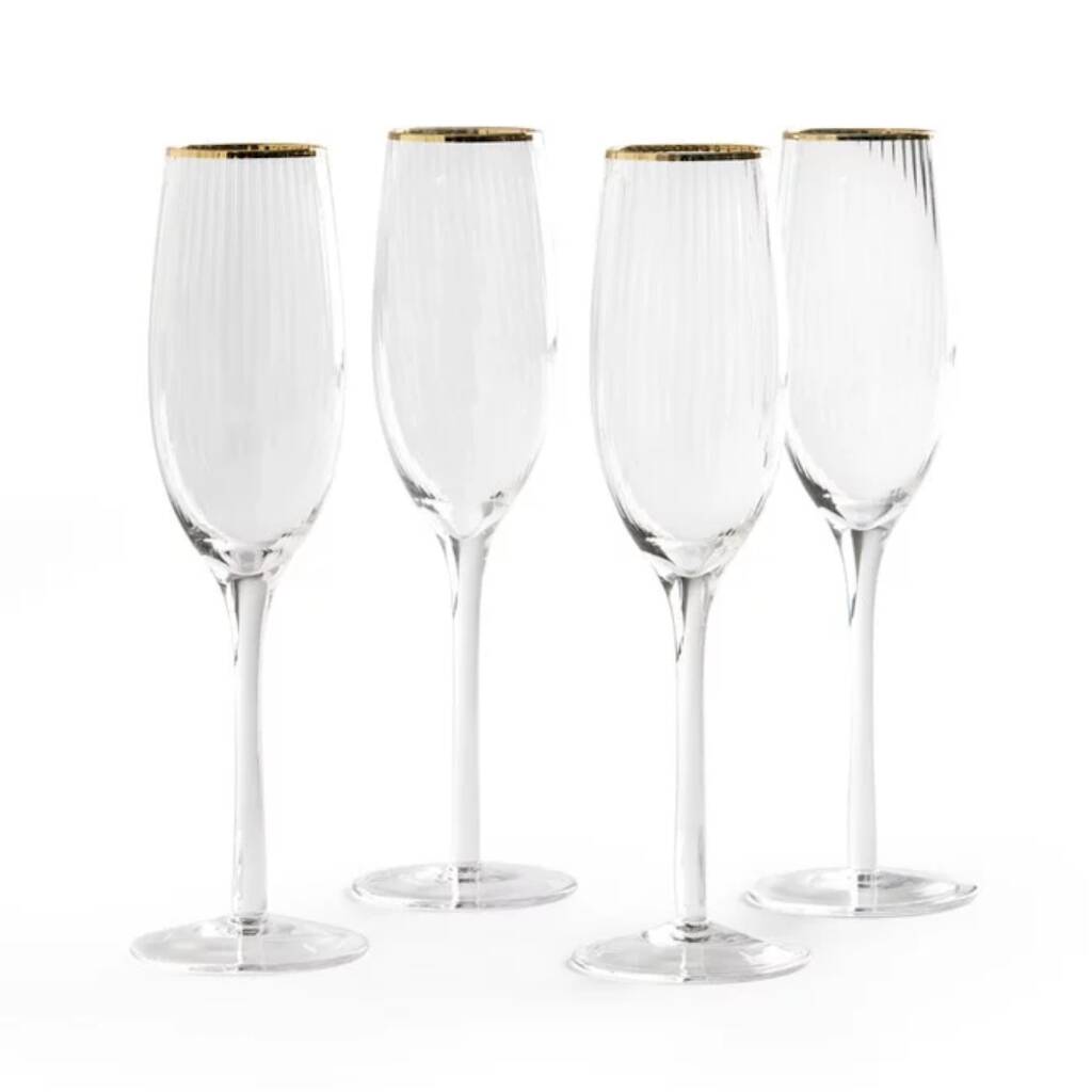 Gold Rim Ribbed Champagne Flute Glasses Set Of Four By Victoria & Co