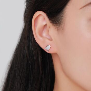 Sterling Silver Tiny Chickadee Bird Stud Earrings, 3 of 12