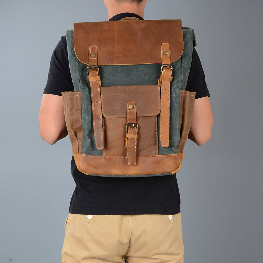 large waxed canvas backpack with leather front pocket by eazo