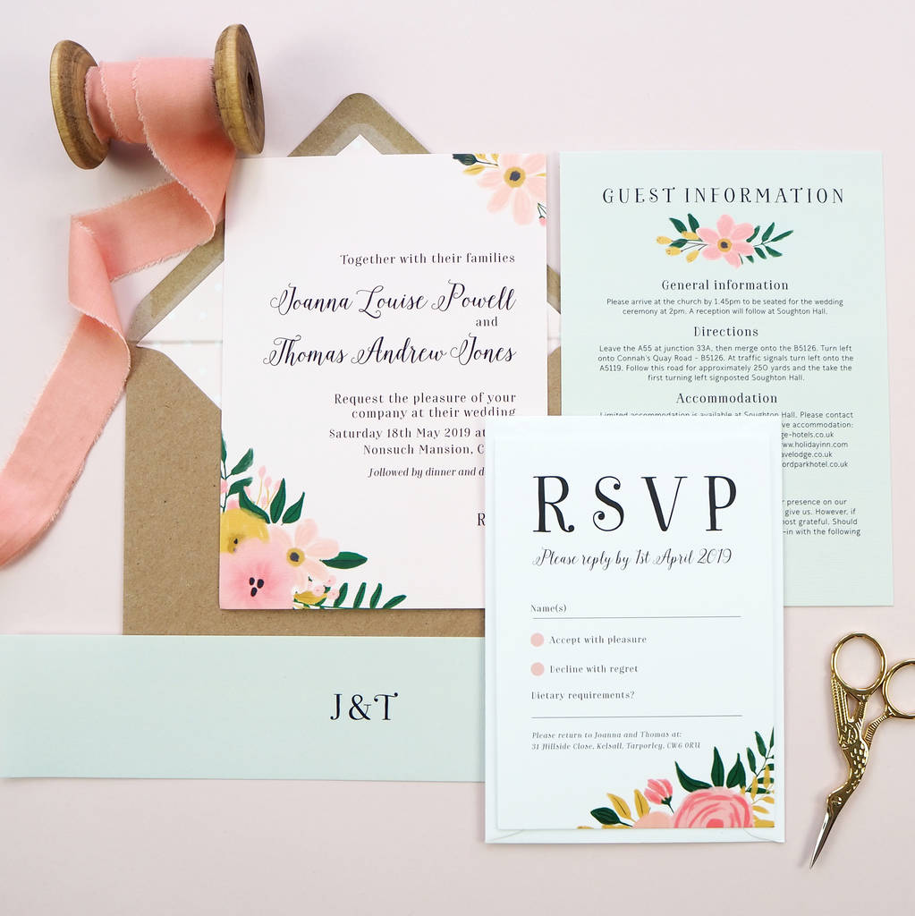 Jessica Blush Floral Wedding Invitations, 1 of 3