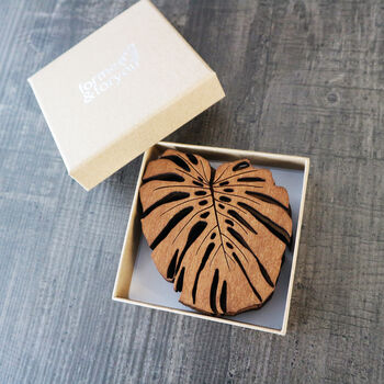 Wooden Drinks Coasters With Monstera Leaf Design, 3 of 6