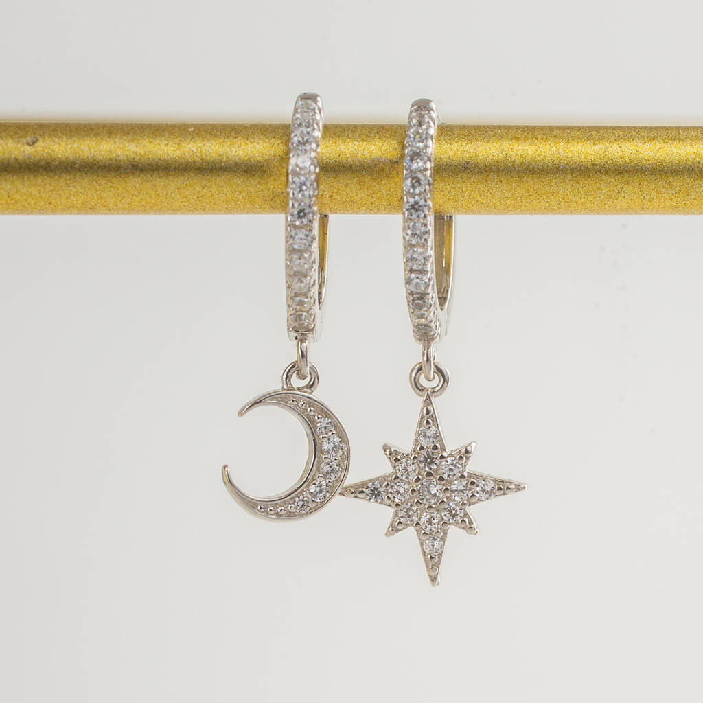 Diamante Moon And Star Huggie Earrings, 1 of 7
