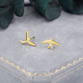 Sterling Silver Mismatched Asymmetric Swallow Bird Silhouette Stud Earrings, 4 of 11