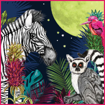 Under The Neon Moon Bright Tropical Flowers Zebras And Lemurs On Navy Luxury Velvet Cushion, 3 of 3