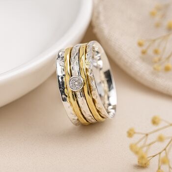 Wide Sterling Silver Cubic Zirconia Spinner Ring, 3 of 11