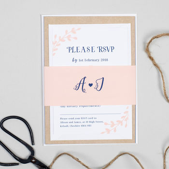 Hannah Navy And Nude Pink Wreath Wedding Invitations, 3 of 3