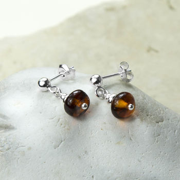 Sterling Silver Delicate Toffee Amber Drop Studs, 3 of 4