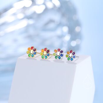 Sterling Silver Rainbow Flower 18 G Screw Back Earrings With Ball Backs, 3 of 12