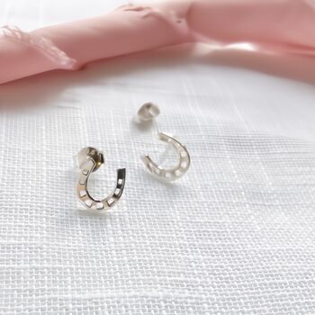 Horseshoe Small Stud Sterling Silver Earrings Just A Girl Who Loves Horses Giftcard, 4 of 9