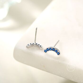 Sterling Silver Sapphire Blue Cz Curved Bar Tiny Stud Earrings, 10 of 12