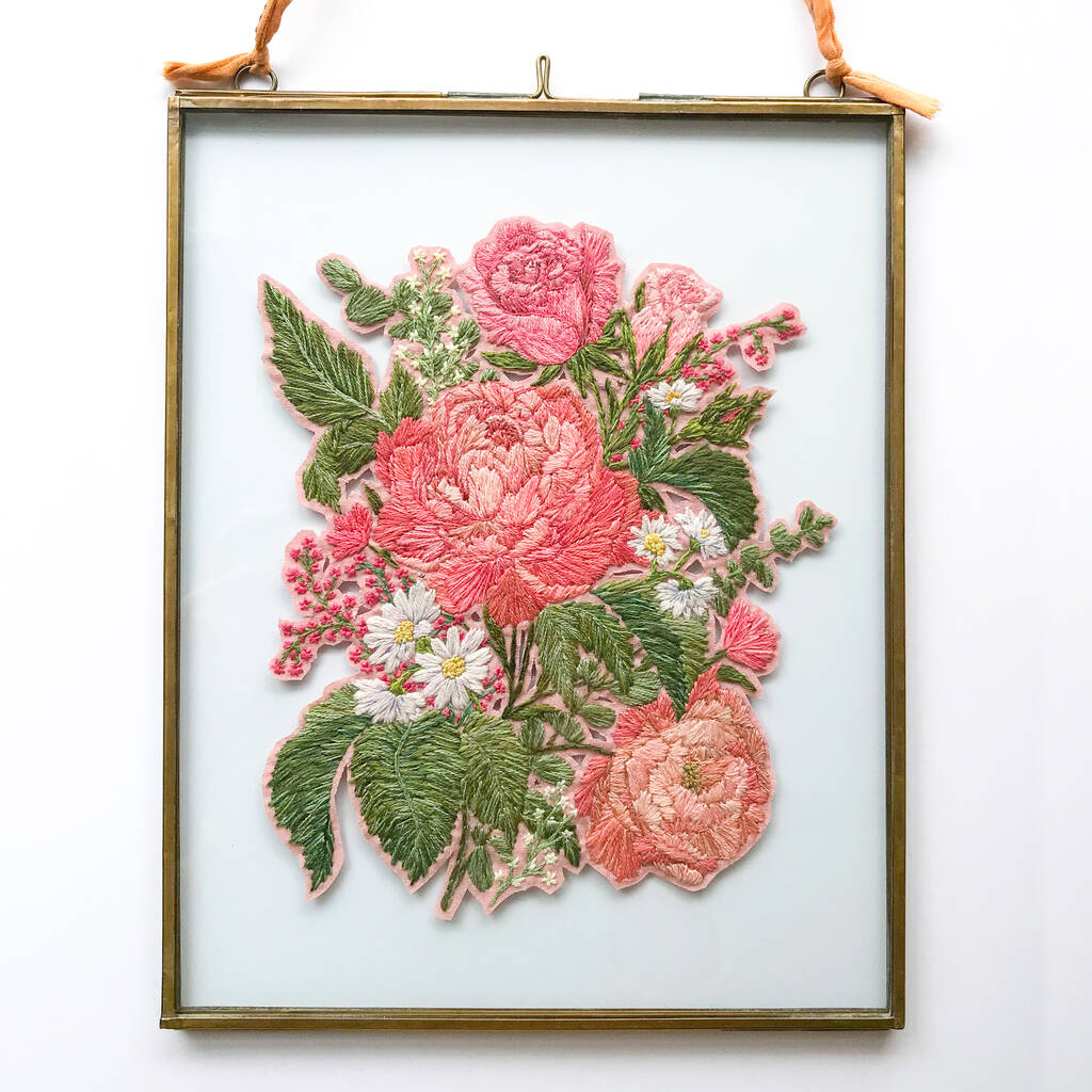 Framed Pink Peony Rose Daisy Embroidered Art, 1 of 6