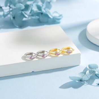 Tiny Rhombus Tourmaline Pink Cz Huggie Hoop In Sterling Silver, 6 of 12