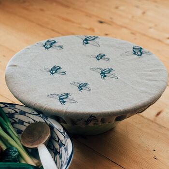 Large Reusable Linen Bowl Cover With Bee Design, 3 of 4