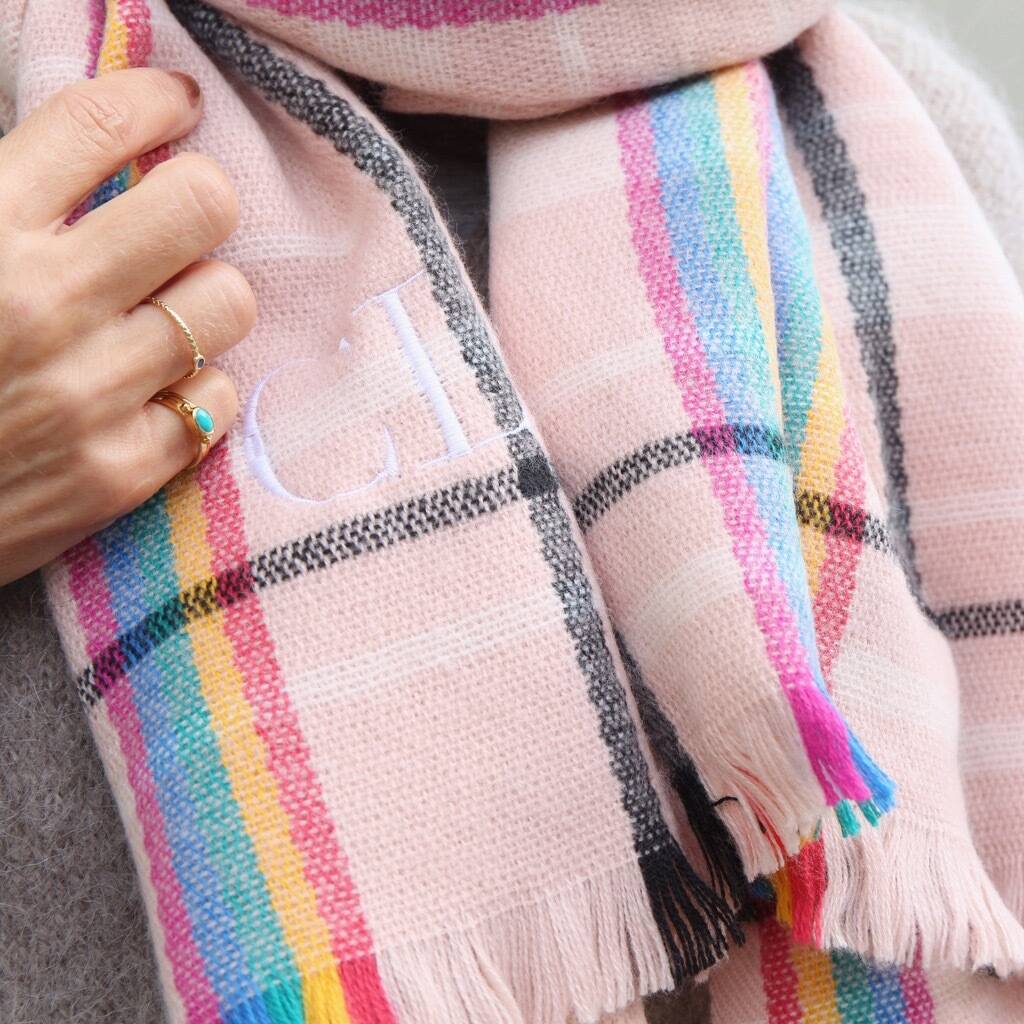 Personalised Embroidered Rainbow Tartan Blanket Scarf By Lisa Angel