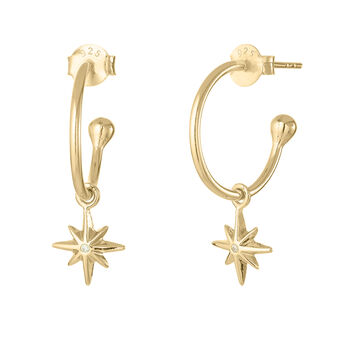 18ct Gold Plated Shining Cz Star Hoop Earrings, 2 of 6