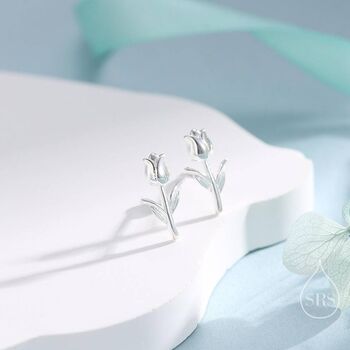 Dainty Tulip Flower Stud Earrings In Sterling Silver, 2 of 12