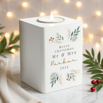 Personalised Christmas Foliage White Tealight Holder, 2 of 5