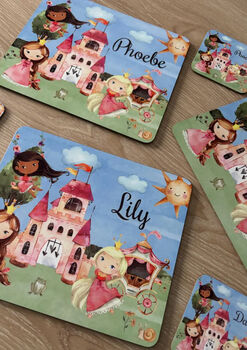 Kids Personalised Princess Placemat, Coaster And Mug Dinner Set, 3 of 5