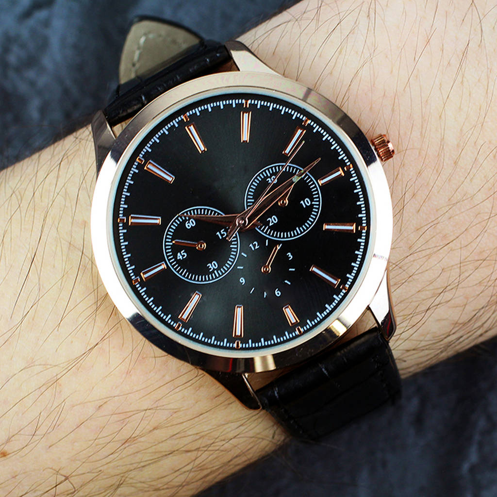 Personalised Men's Rose Gold Watch Black Strap Gift By Sassy Bloom As