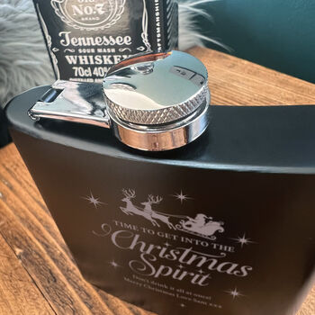 Personalised Christmas Spirit Engraved Black Metal Hip Flask 6oz, 2 of 7