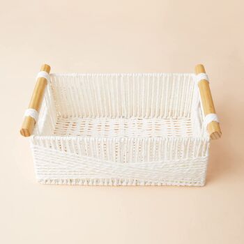 Set Of Two White Woven Baskets With Wood Handles, 2 of 4