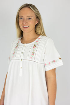 Women's White Cotton Bird And Flower Embroidered Nightdress, 7 of 7