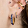 Gold Plated Oval Baguette Hoop Earrings With Blue Stones, thumbnail 1 of 5