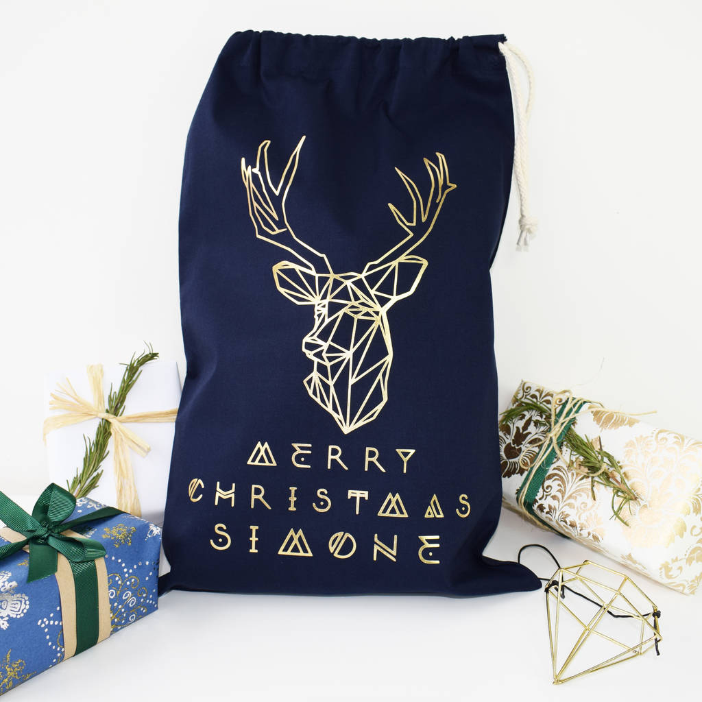 Personalised Reindeer Navy Christmas Sack, 1 of 6