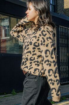 Beige Three Quarter Zip Leopard Print Jumper, 3 of 6