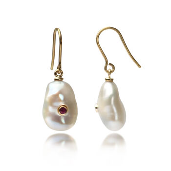 Keshi Pearl Earrings With Ruby In Solid Gold, 3 of 5