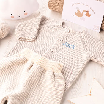 New Baby Pale Grey And Cream Knitted Blanket And Outfit, 2 of 12