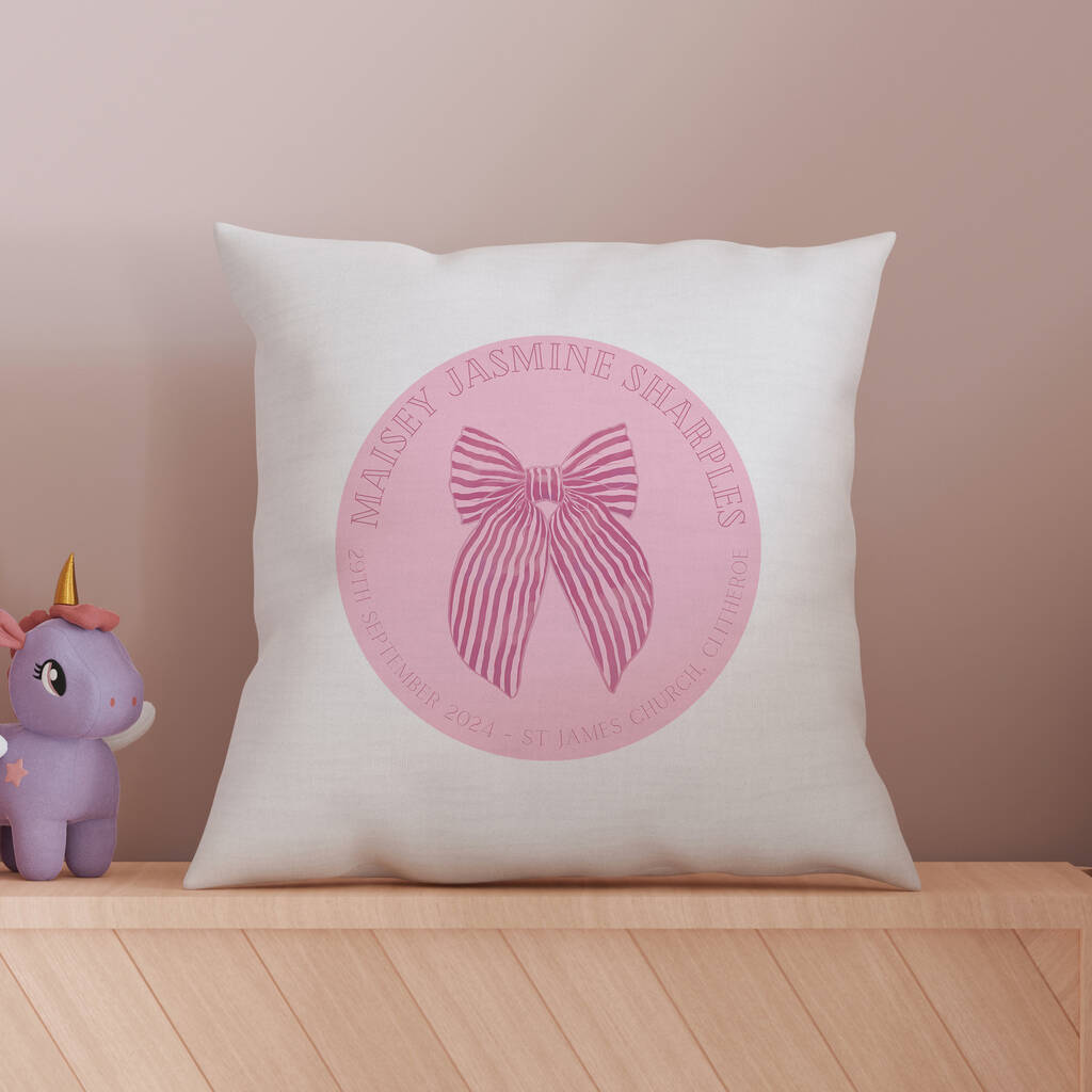 'Ribbon Bow' New Baby Girl / Christening Cushion, 1 of 2