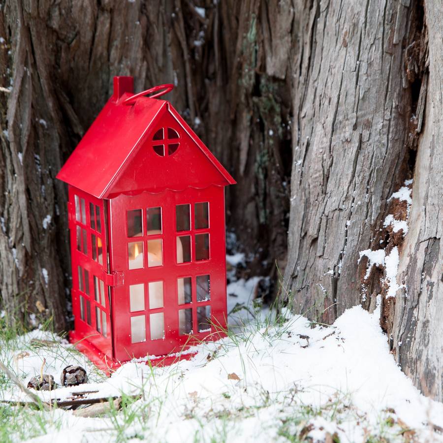 red tin house tea light holder by the christmas home