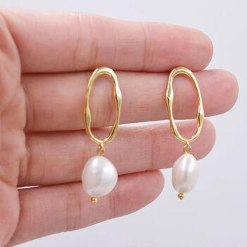 Baroque Pearl Irregular Hoop Drop Stud Earrings, 3 of 11